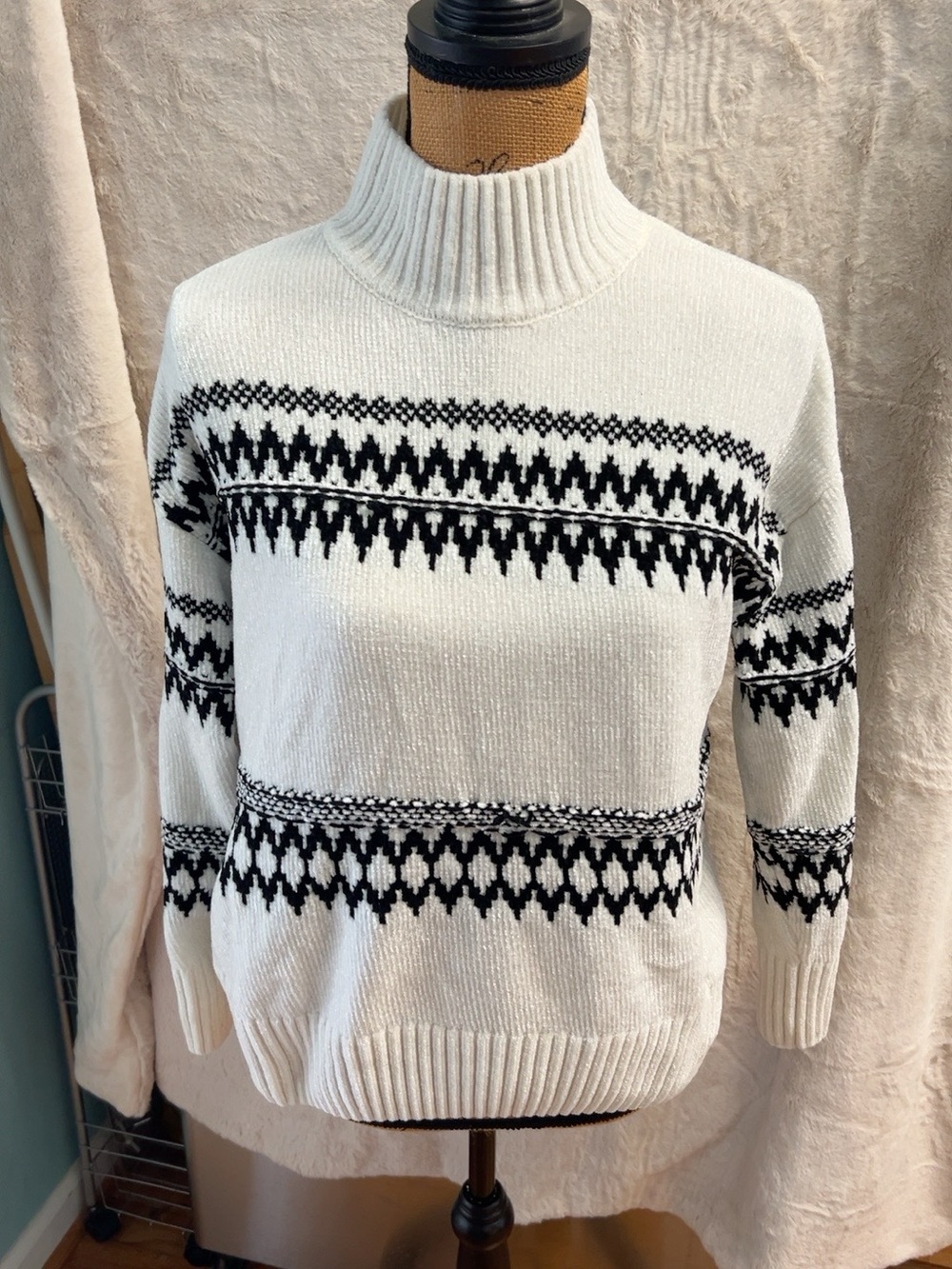 Christian Siriano Black White Fair Isle Turtleneck Sweater S